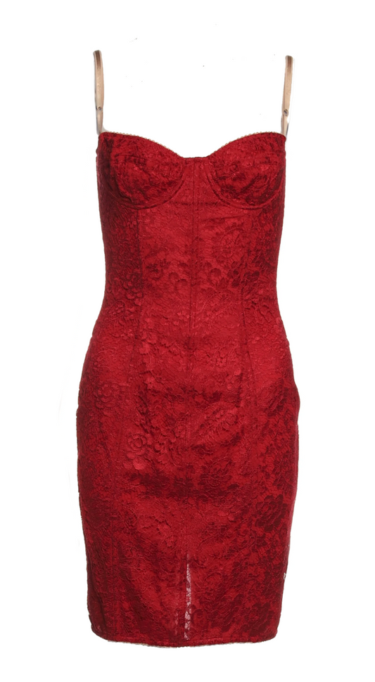 Dolce & Gabbana Vintage Red Lace Bustier Dress