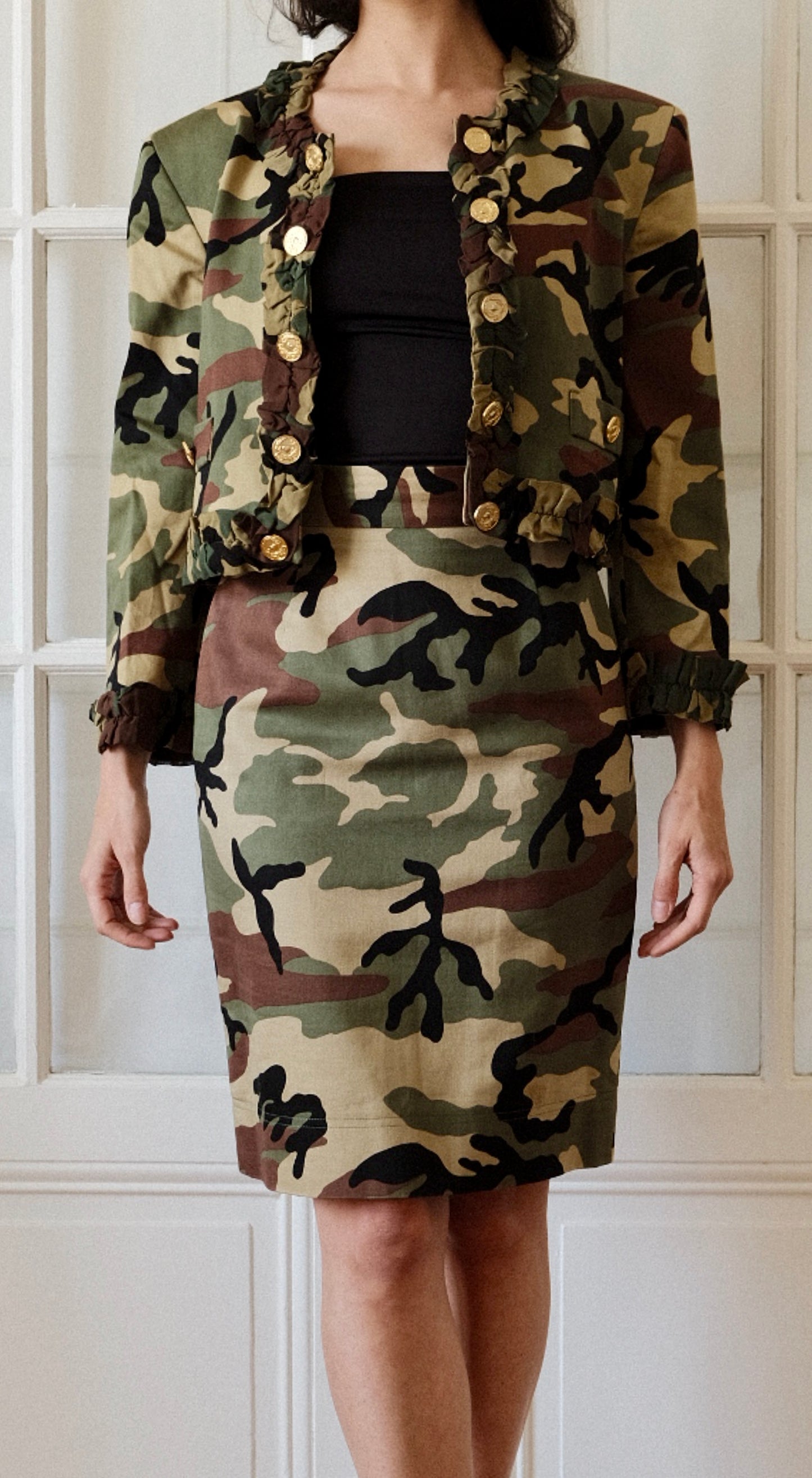 Moschino ~ 1990s The Nanny Camouflage Jacket & Skirt Set