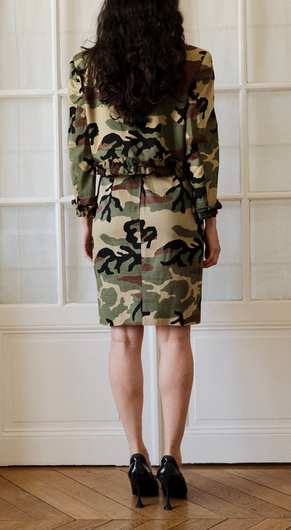 Moschino ~ 1990s The Nanny Camouflage Jacket & Skirt Set