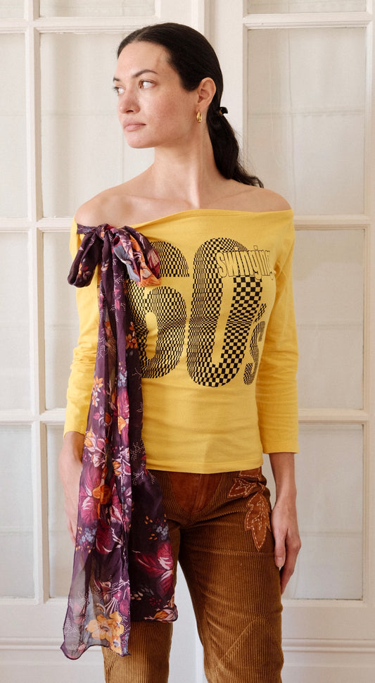 Dolce & Gabbana D&G “Swinging 60s” Off-Shoulder Top with Silk Scarf Detail