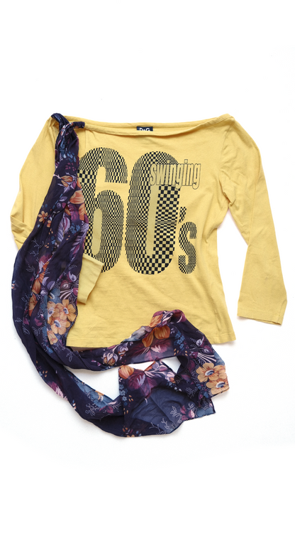 Dolce & Gabbana D&G “Swinging 60s” Off-Shoulder Top with Silk Scarf Detail