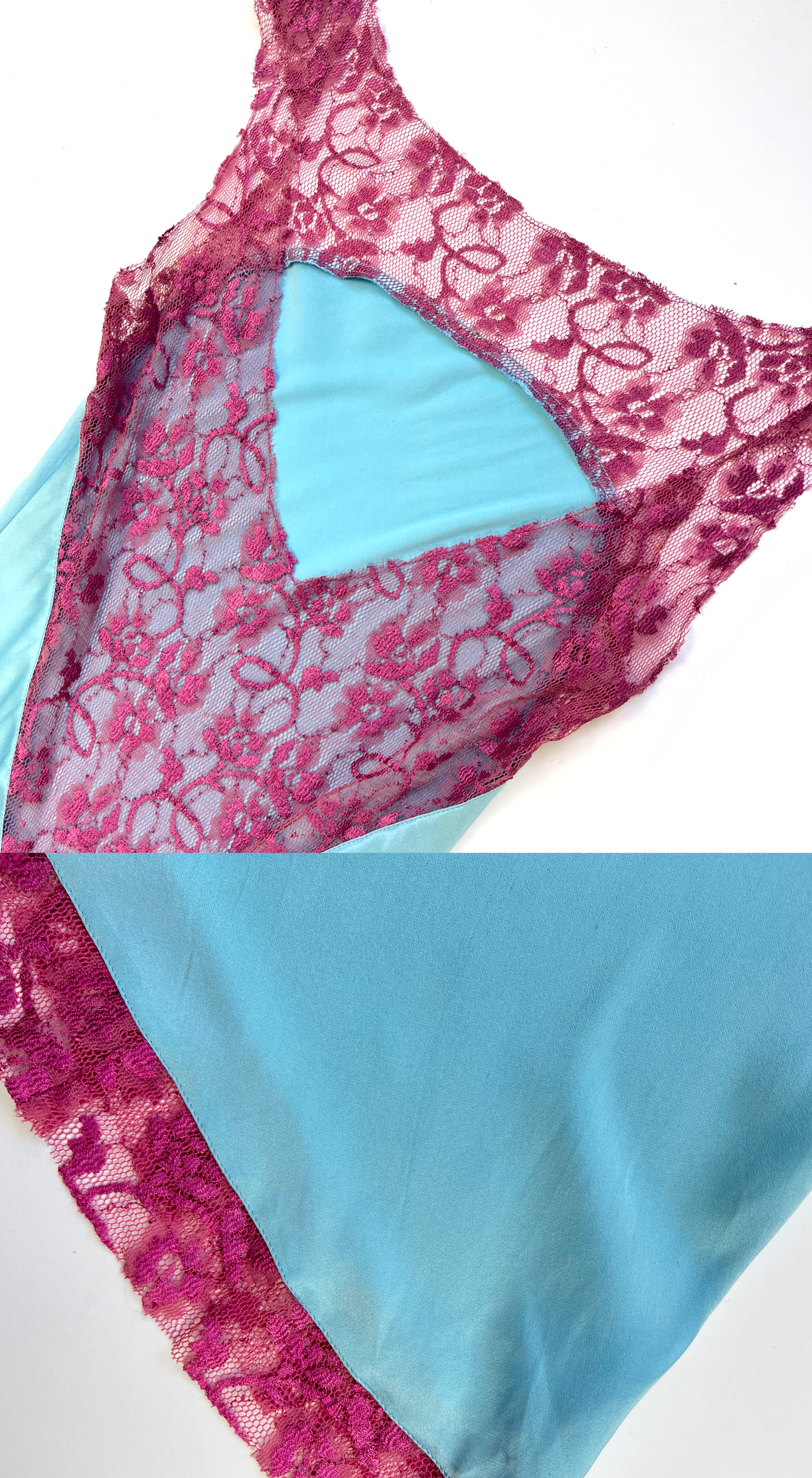 Italian Designer ~ Light Blue Silk Dress with Pink Lace Trim 