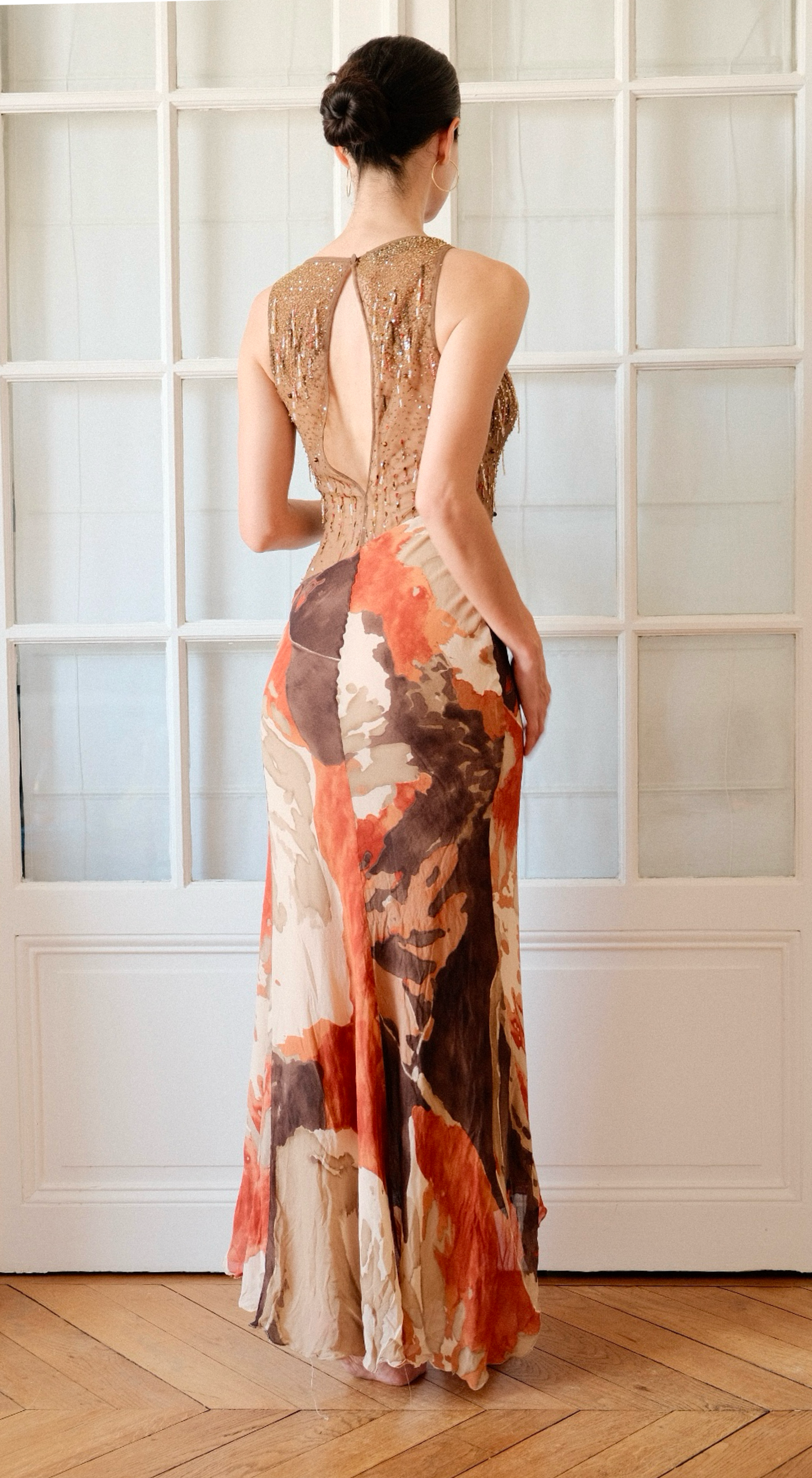 Clip 2000s Runway Silk Sheer Pearl Embellished Gown
