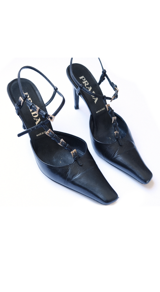 Prada 2000s Black Multi Buckled Leather Heel