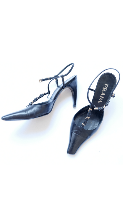 Prada 2000s Black Multi Buckled Leather Heel
