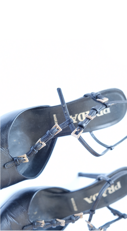 Prada 2000s Black Multi Buckled Leather Heel
