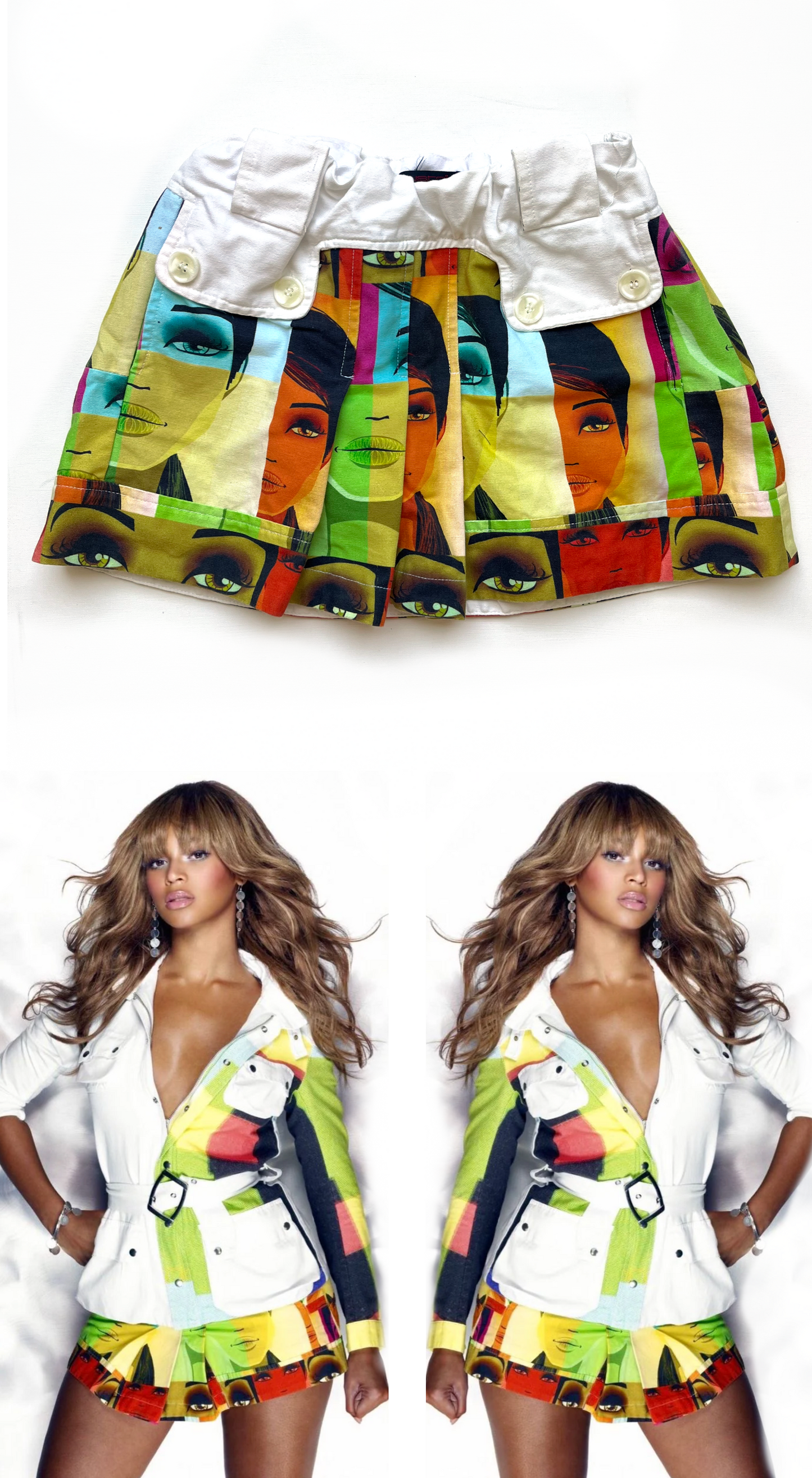 Custo Barcelona 2003 Face Print Mini Skirt Worn by Beyoncé