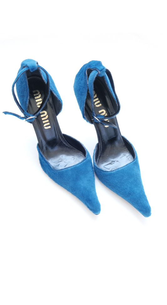 Miu Miu 1990s Electric Blue Pony Hair Heels