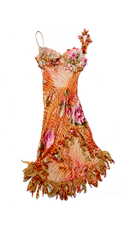 Panos Zinas Early 2000s Vintage Silk Embellished Asymmetric Dress - Floral Appliqué & Animal Print
