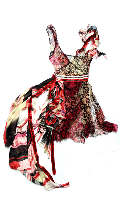 Christian Lacroix SS 2005 Runway Silk Dress with Draped Train - Floral Print