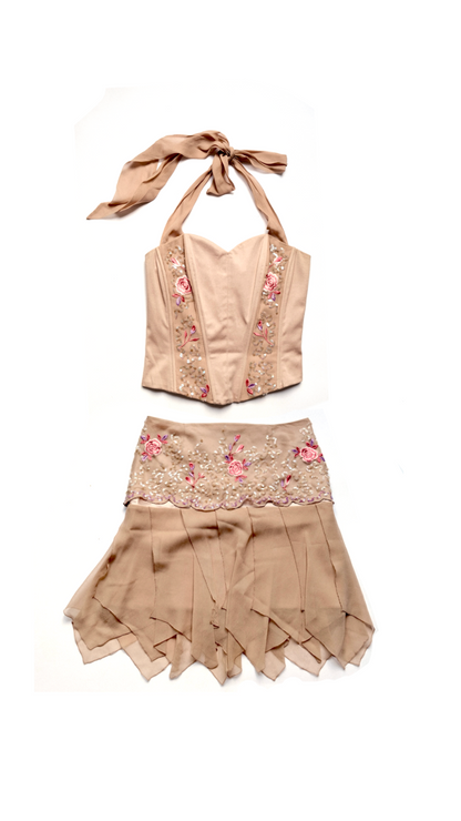 Italian Silk Corset & Skirt Set with Embroidered Silk Scarf - Floral Sequin Embellished Y2K Co-Ord