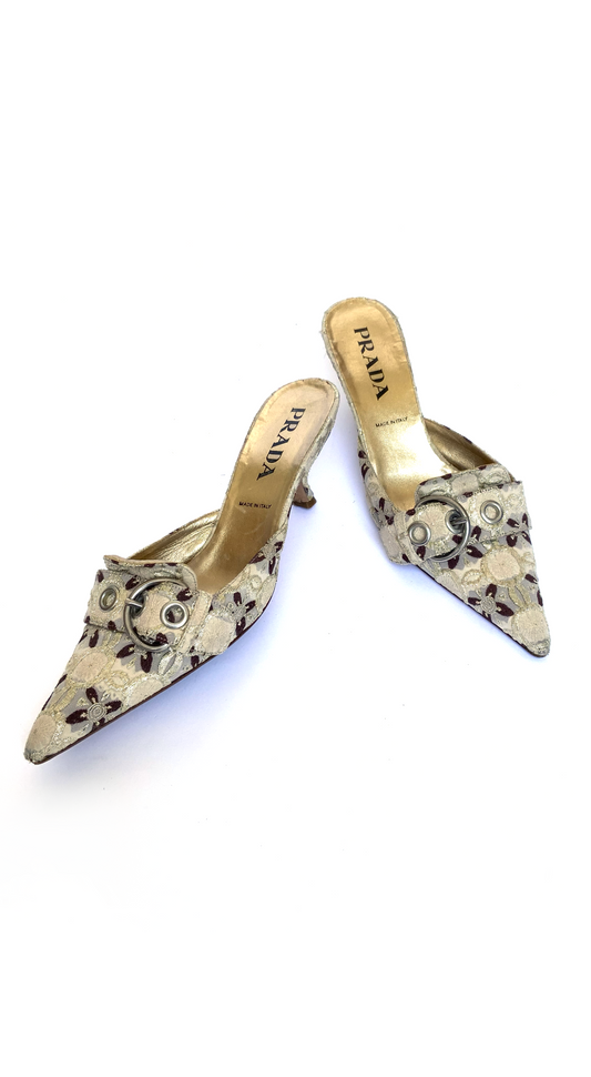 Prada ~ 2000s Vintage Baroque Gold Damask Mule Heels