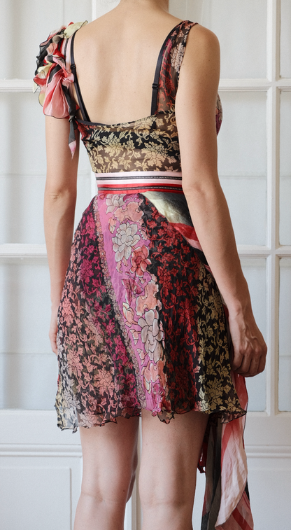 Christian Lacroix SS 2005 Runway Silk Dress with Draped Train - Floral Print
