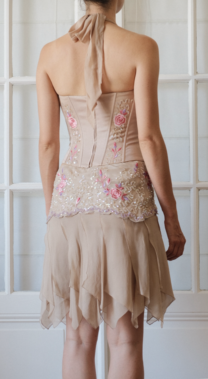 Italian Silk Corset & Skirt Set with Embroidered Silk Scarf - Floral Sequin Embellished Y2K Co-Ord