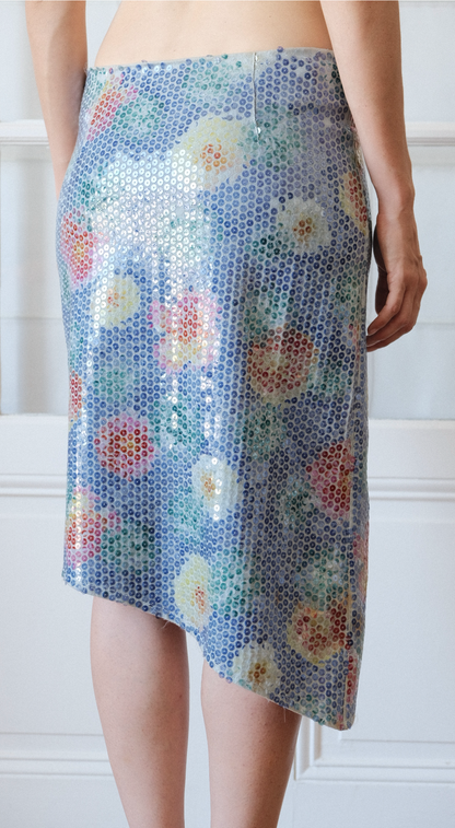 Voyage Y2K Luxury Iridescent Floral Sequin Skirt with Crystal Chain Details