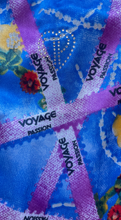 Voyage Passion Y2K Halterneck Open Back Dress - Floral Ribbon Print with Rhinestone Details