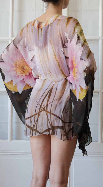 Roberto Cavalli 2006 Silk Water Lily Print Kaftan Dress - Batwing Sleeves