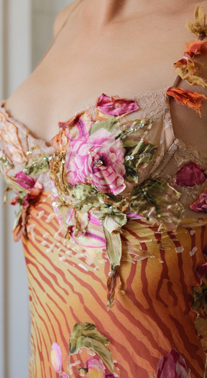 Panos Zinas Early 2000s Vintage Silk Embellished Asymmetric Dress - Floral Appliqué & Animal Print