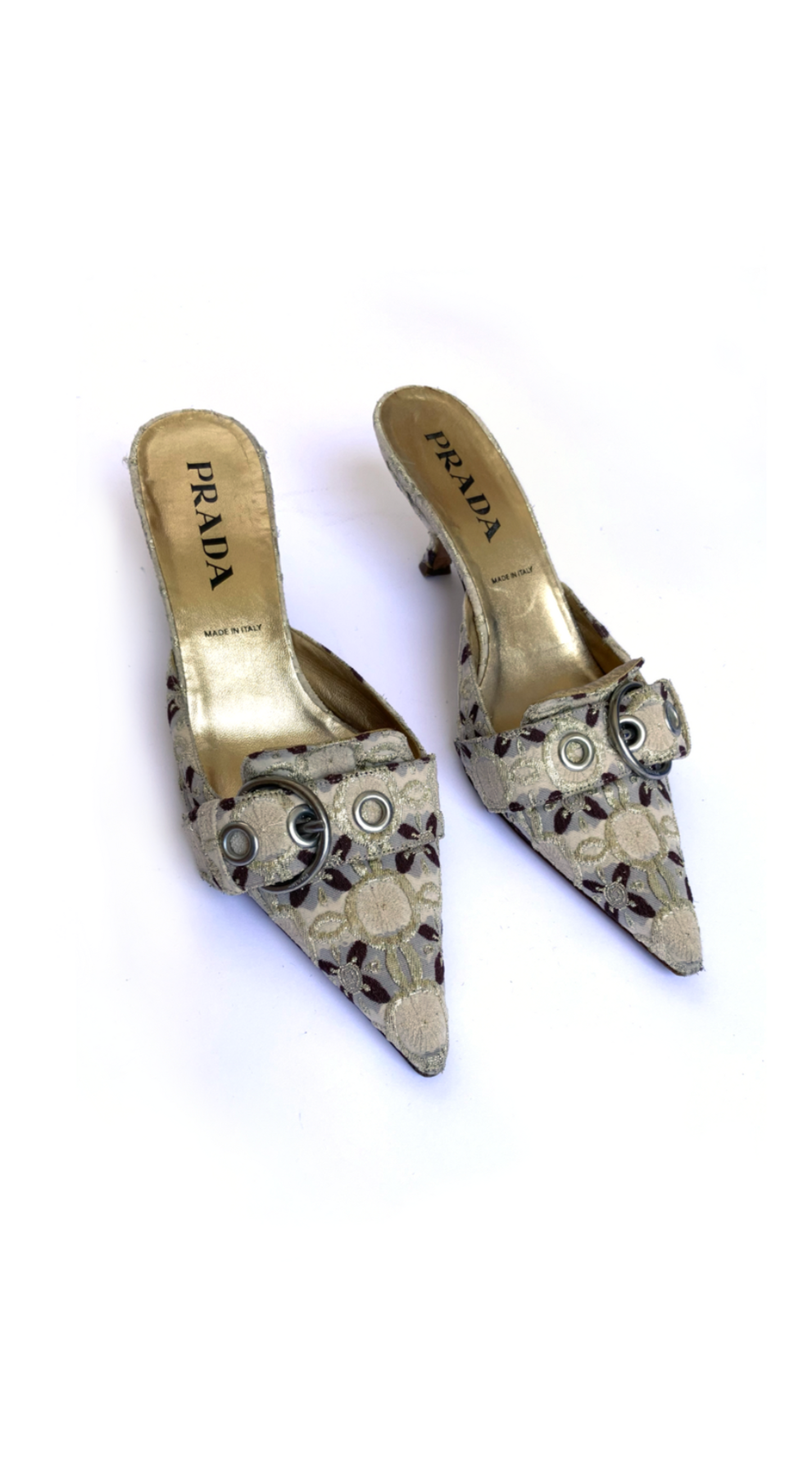 Prada ~ 2000s Vintage Baroque Gold Damask Mule Heels