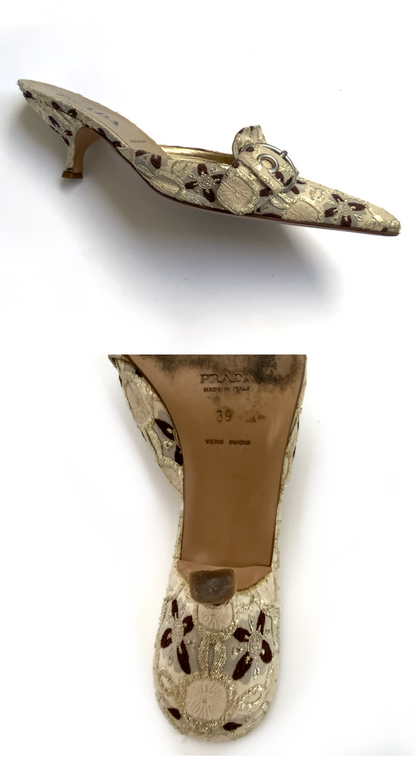 Prada ~ 2000s Vintage Baroque Gold Damask Mule Heels