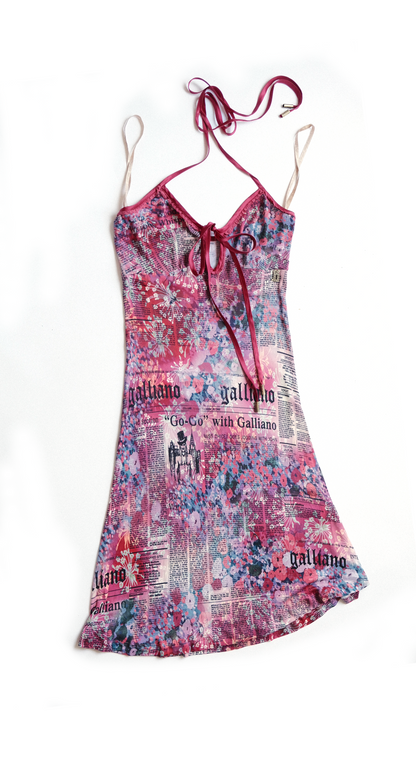 John Galliano 2000s Pink Silk Newspaper Print Dress