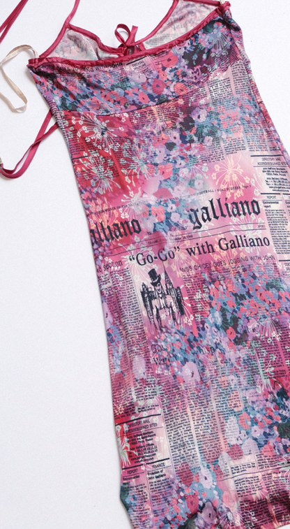 John Galliano 2000s Pink Silk Newspaper Print Dress