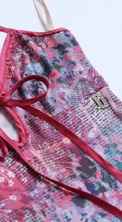John Galliano 2000s Pink Silk Newspaper Print Dress
