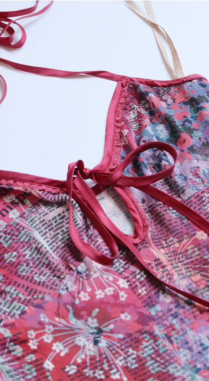 John Galliano 2000s Pink Silk Newspaper Print Dress