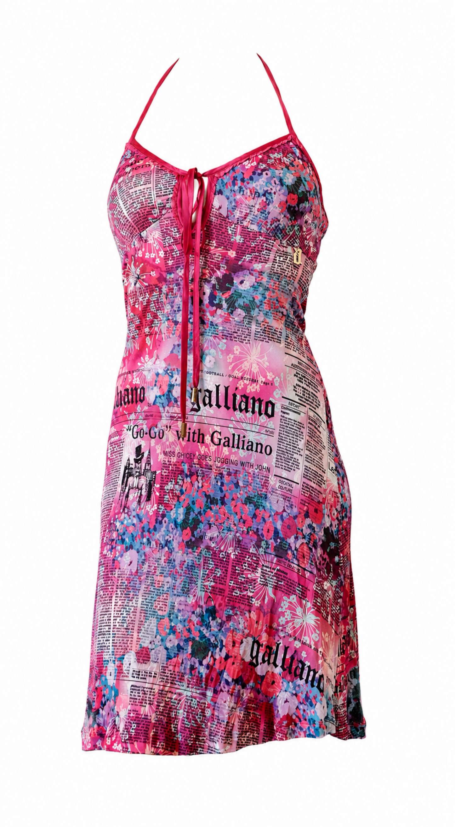 John Galliano 2000s Pink Silk Newspaper Print Dress