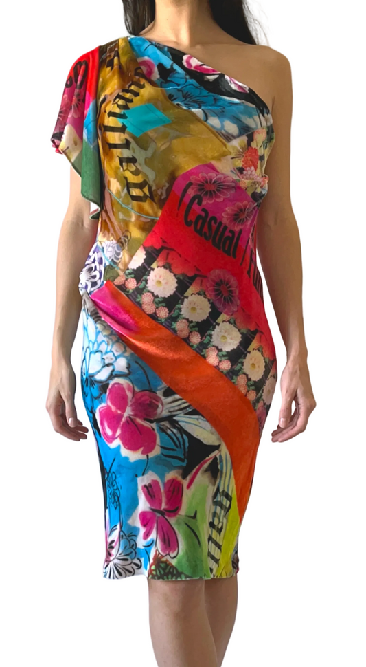 John Galliano 2000s One-Shoulder Velour Multicolour Dress