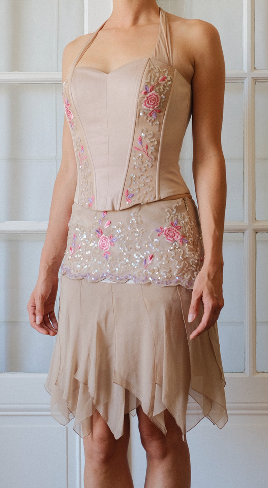 Italian Silk Corset & Skirt Set with Embroidered Silk Scarf - Floral Sequin Embellished Y2K Co-Ord