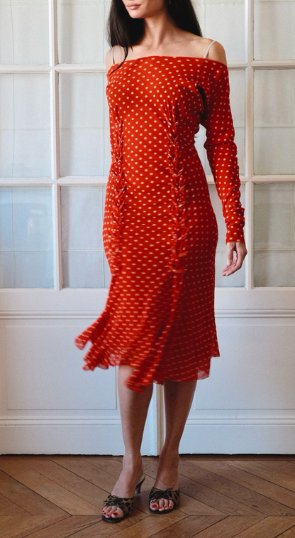 Fuzzi ~ 2000s red mesh lace-up polka dot dress S-M