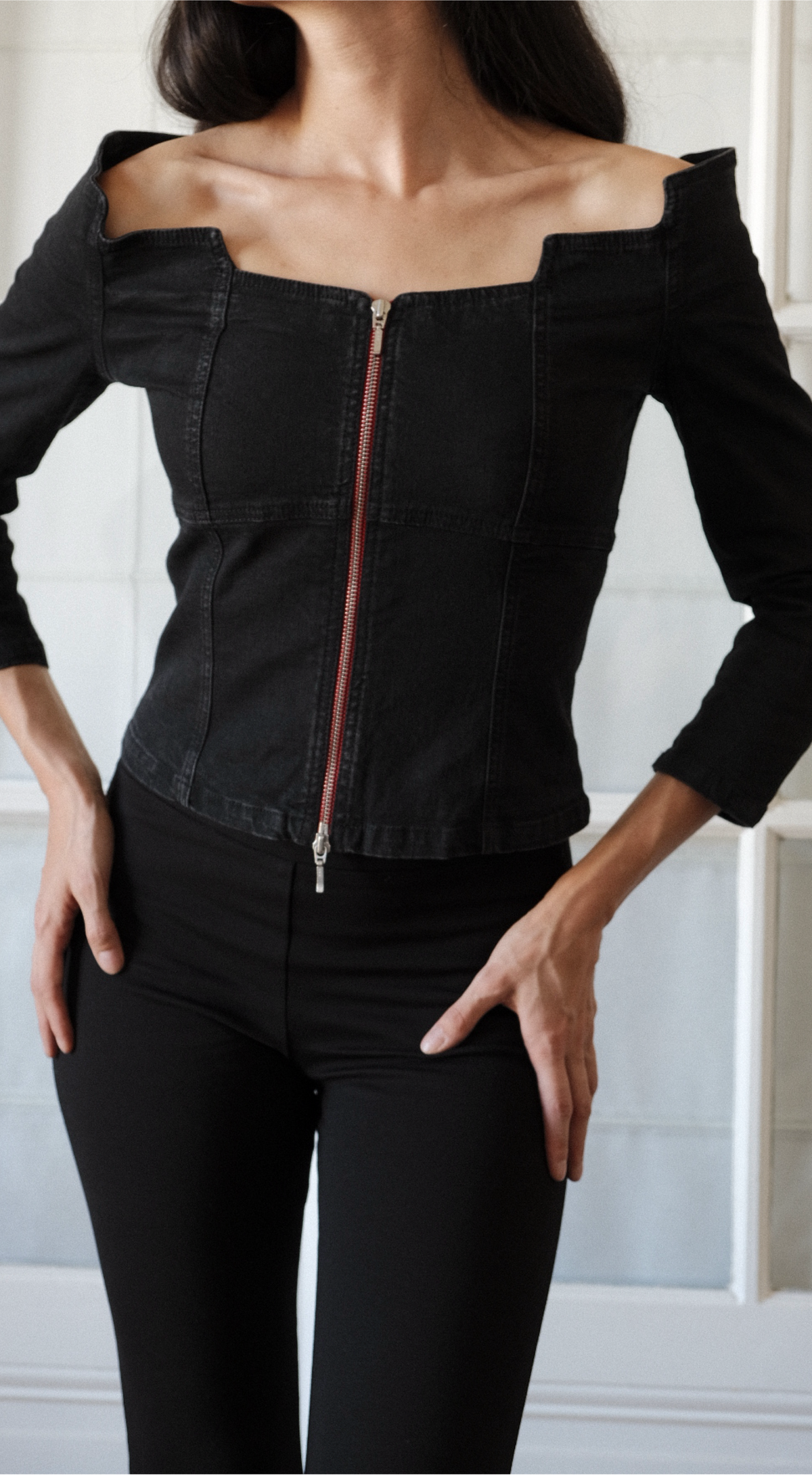 Plein Sud ~ 2000s rare geometric off shoulder jeans top