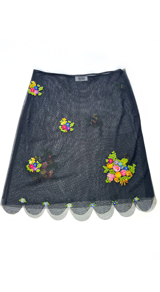 Moschino ~ 2000 Black Mesh Embroidered Flower Skirt