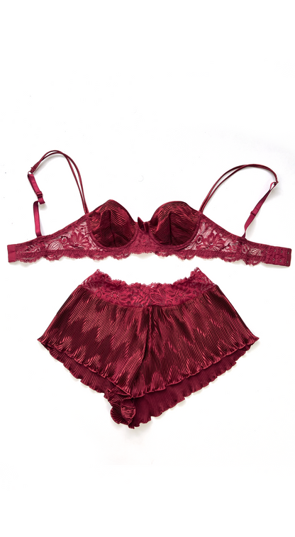 La Perla  ~ 1987 Deep Red Pleated Satin & Lace Lingerie Set