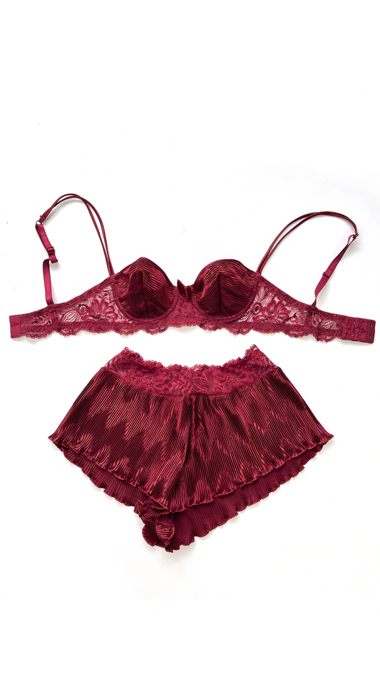 La Perla  ~ 1987 Deep Red Pleated Satin & Lace Lingerie Set