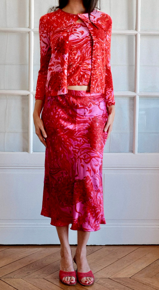 Anna Molinari ~ SS 2000 radiant floral print co-ord set skirt + cardigan + top S-M