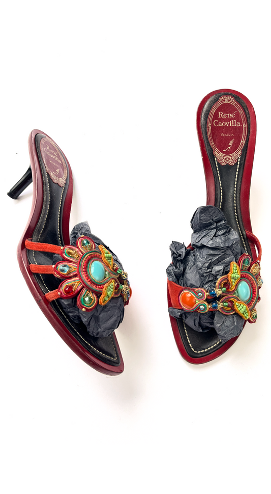 Rene Caovilla ~ Luxury Gemstone Kitten Heels  