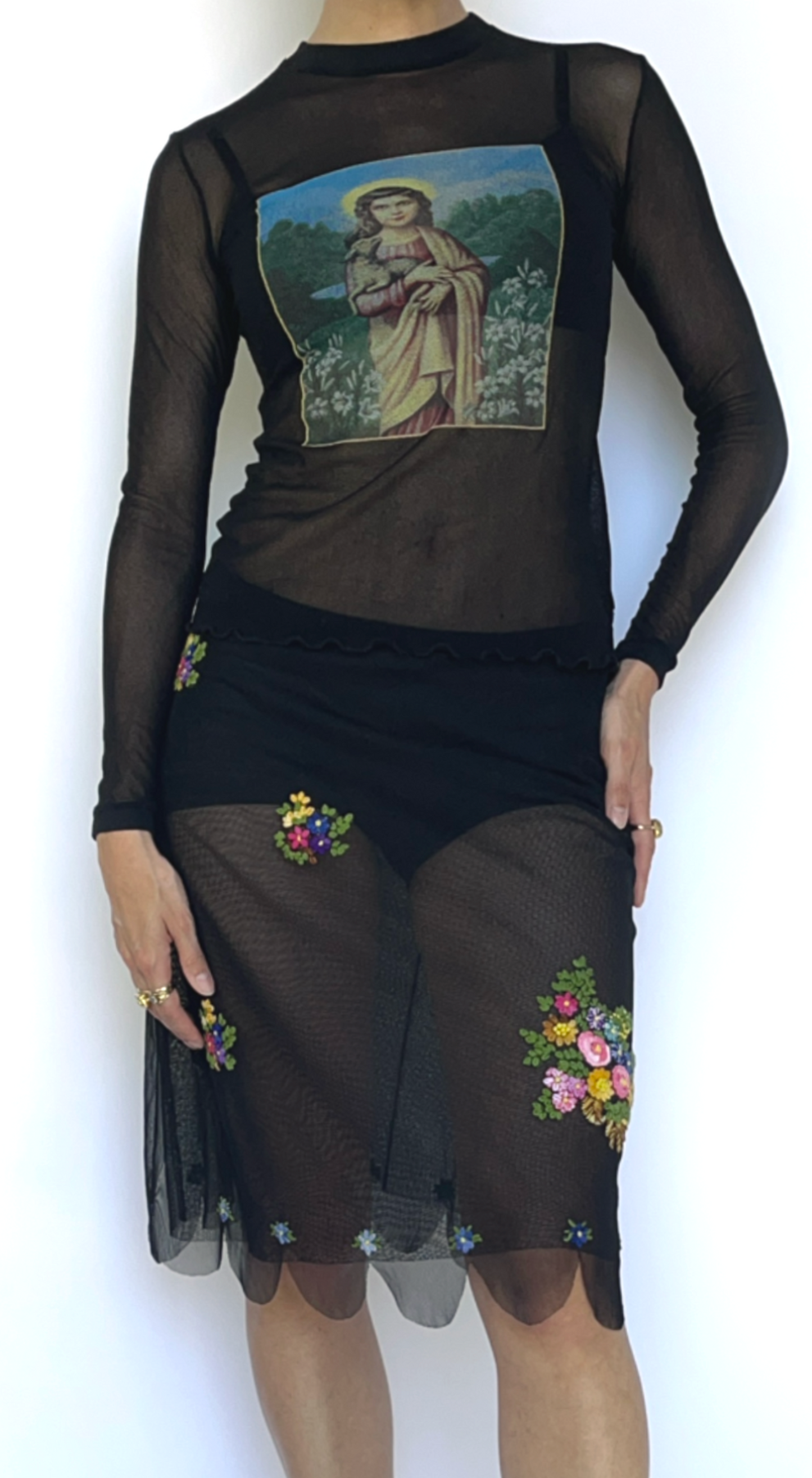 Moschino ~ 2000 Black Mesh Embroidered Flower Skirt