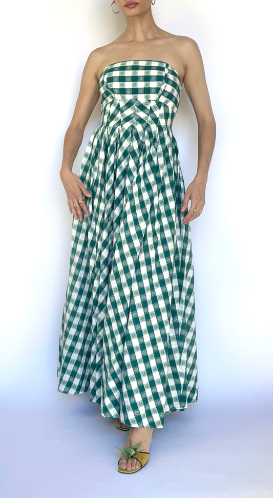 DKNY ~ 90s Green & White Gingham Boned Corset Maxi Dress