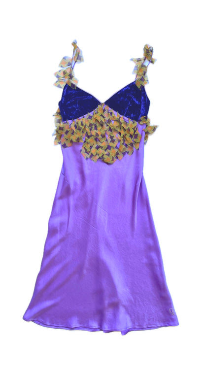 Voyage ~ 2000s purple silk velvet appliqué strap dress S-M