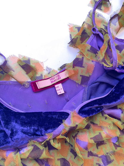 Voyage ~ 2000s purple silk velvet appliqué strap dress S-M