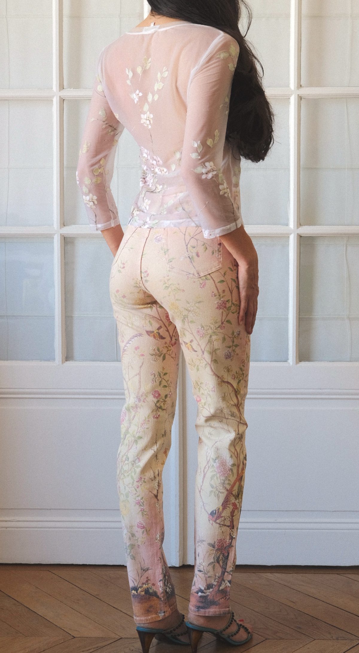 Roberto Cavalli ~ SS 1998 set floral bird print pants + sheer cherry blossom floral top