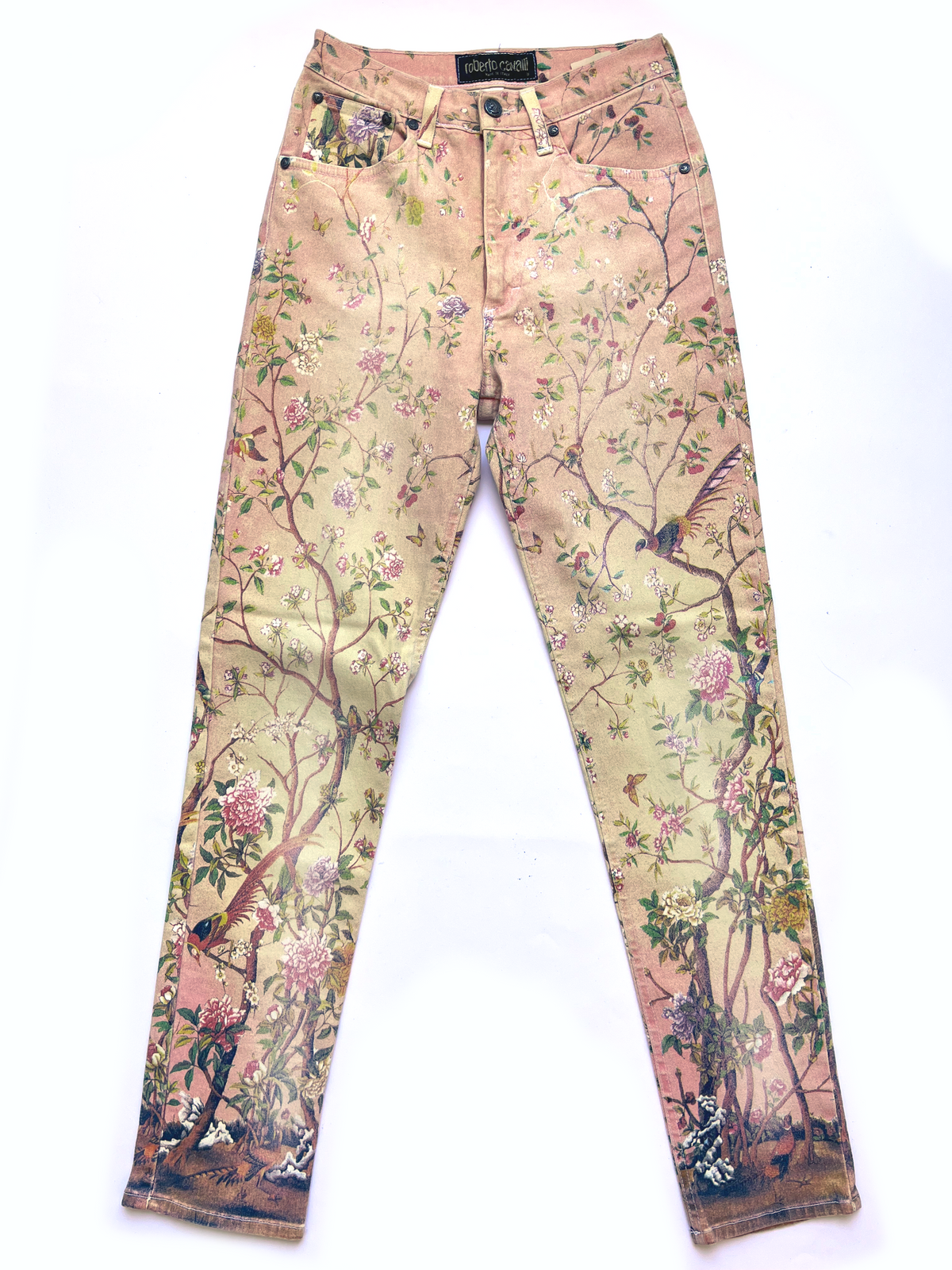 Roberto Cavalli ~ SS 1998 set floral bird print pants + sheer cherry blossom floral top