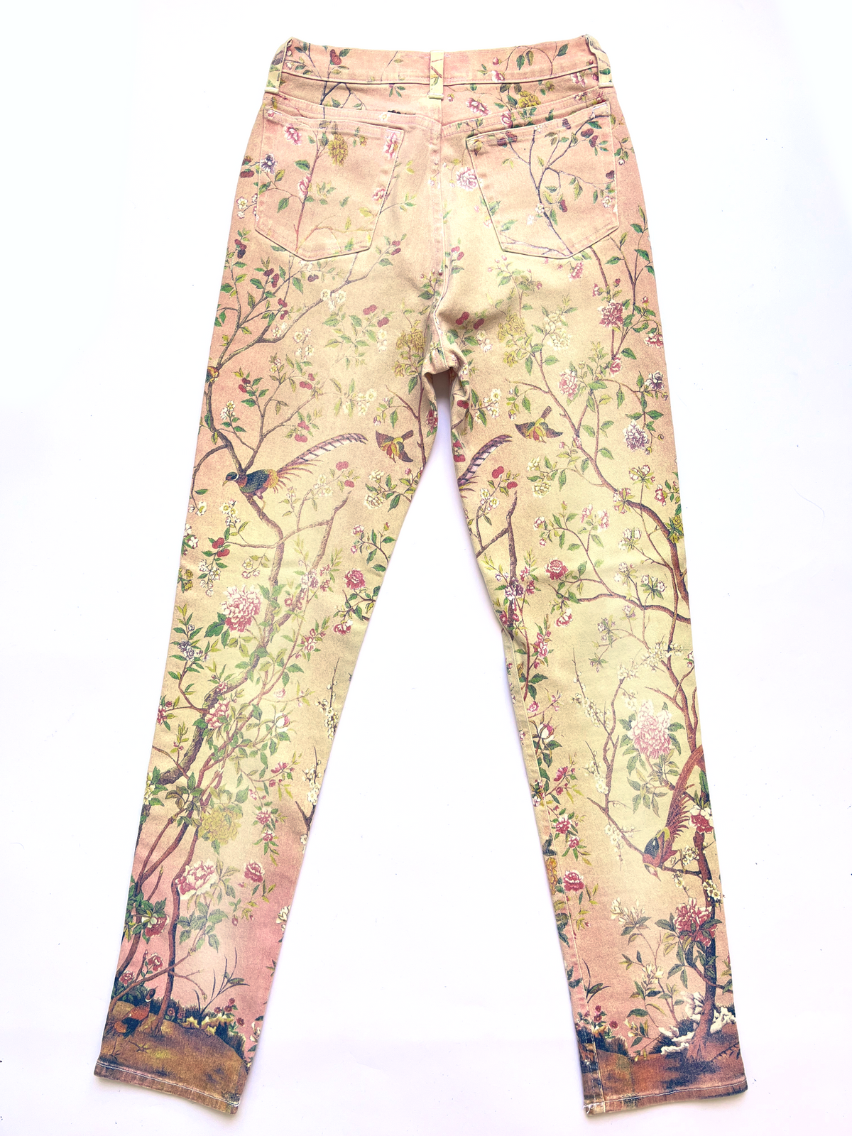 Roberto Cavalli ~ SS 1998 set floral bird print pants + sheer cherry blossom floral top