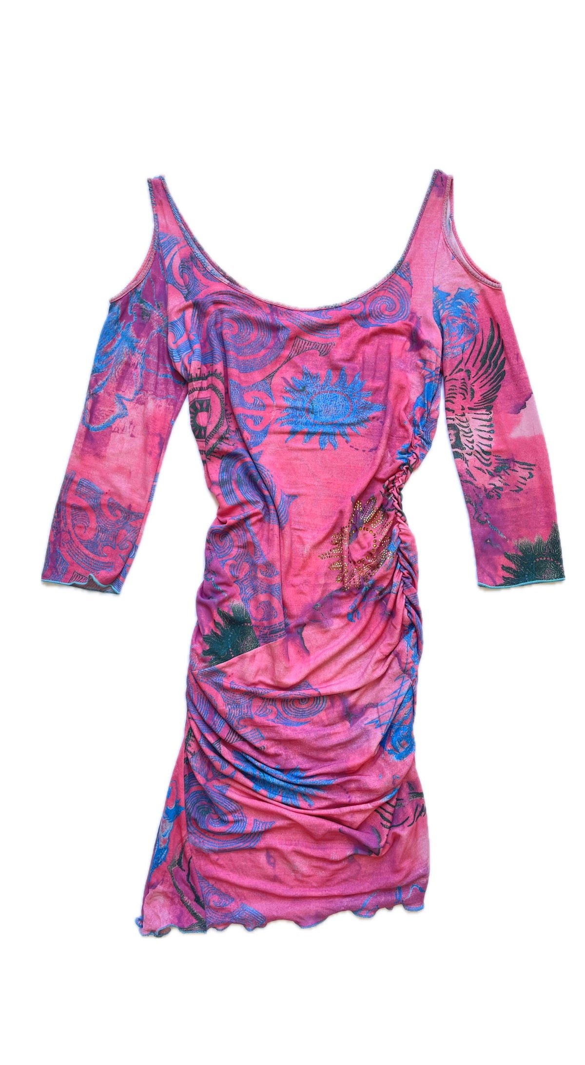 Roberto Cavalli Class ~ 2000s pink ruched tattoo print dress S-M