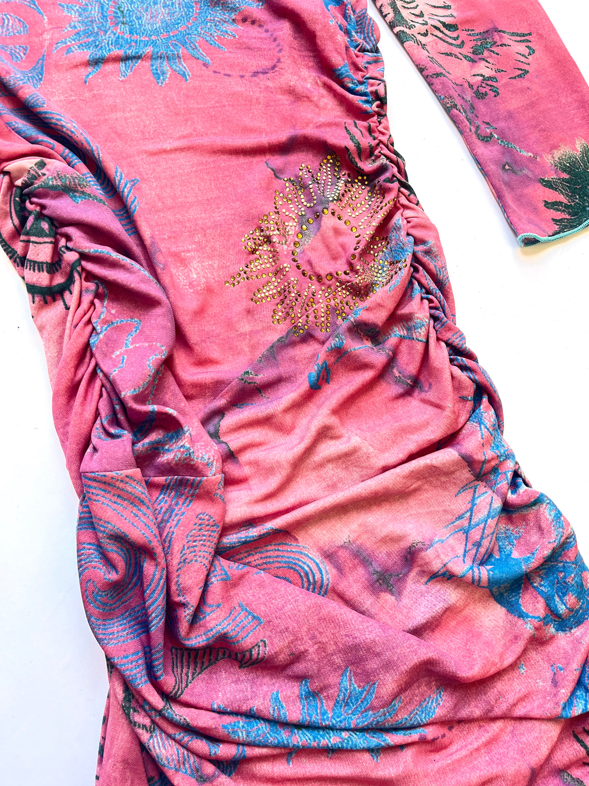 Roberto Cavalli Class ~ 2000s pink ruched tattoo print dress S-M