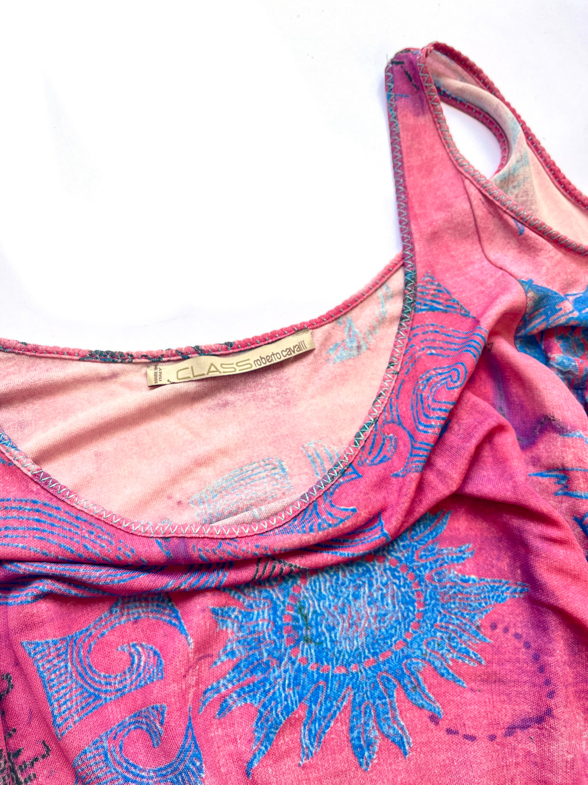 Roberto Cavalli Class ~ 2000s pink ruched tattoo print dress S-M
