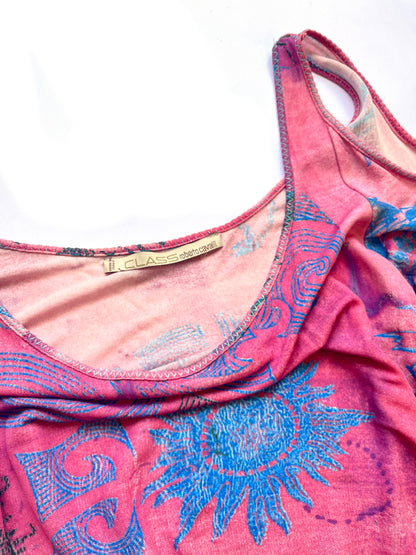 Roberto Cavalli Class ~ 2000s pink ruched tattoo print dress S-M