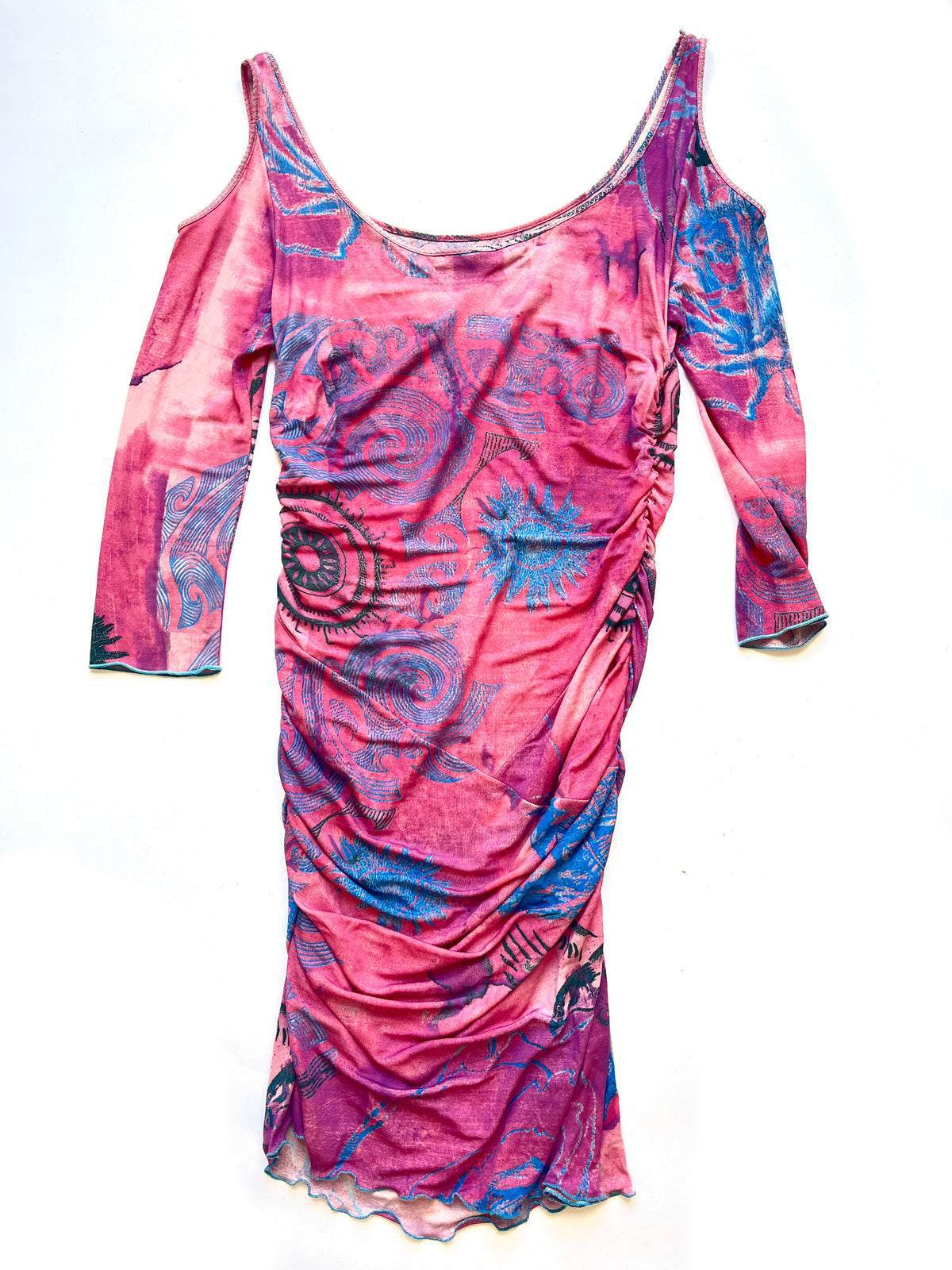Roberto Cavalli Class ~ 2000s pink ruched tattoo print dress S-M